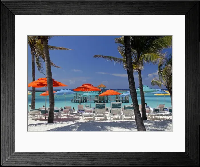 Framed Print : Caribbean, Bahamas, Castaway Cay. Umbrellas and Shade at Castaway Cay