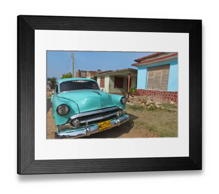 Framed Print : Trinidad Cuba with blue classic 1950s Chevrolet auto on cobbled streets in colorful Framed Print : Trinidad Cuba with blue classic 1950s Chevrolet auto on cobbled streets in colorful