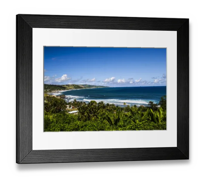 Framed Print : Bathsheba, Barbados. C-shaped, curved, ocean coast with surf, and palm trees