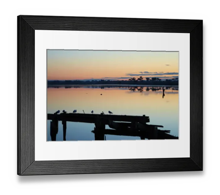 Framed Print : Derelict wharf and reflections in New River Estuary at dusk, Invercargill, Southland Framed Print : Derelict wharf and reflections in New River Estuary at dusk, Invercargill, Southland