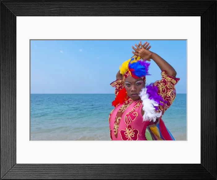 Framed Print : Trinidad Cuba dancers in costume on beautiful beach of ocean with blue water Framed Print : Trinidad Cuba dancers in costume on beautiful beach of ocean with blue water