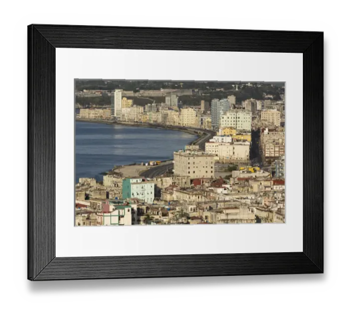 Framed Print : Cuba, Havana. An elevated view of the city skyline showing the bay and Malecon