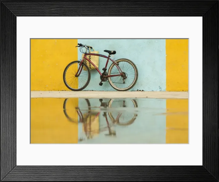 Framed Print : Cuba, Trinidad. Bicycle and reflection against yellow and blue walls Framed Print : Cuba, Trinidad. Bicycle and reflection against yellow and blue walls