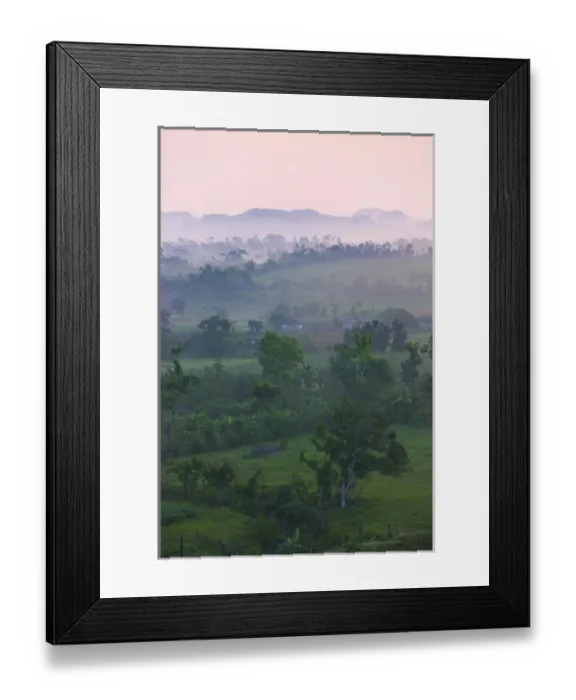 Framed Print : Limestone hill, farming land and village house in morning mist, Vinales Valley, UNESCO Framed Print : Limestone hill, farming land and village house in morning mist, Vinales Valley, UNESCO