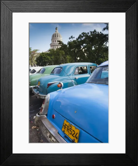Framed Print : Cuba, Havana, Central Havana, Parque de la Fraternidad, old 1950s-era US cars