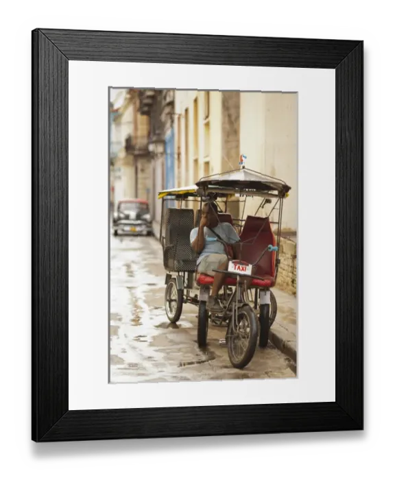 Framed Print : Cuba, Havana, Havana Vieja, pedal taxi with driver, NR Framed Print : Cuba, Havana, Havana Vieja, pedal taxi with driver, NR