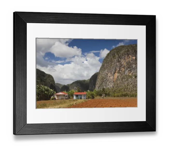 Framed Print : Cuba, Pinar del Rio Province, Vinales, Vinales Valley, farm by the Mogote del Valle rock