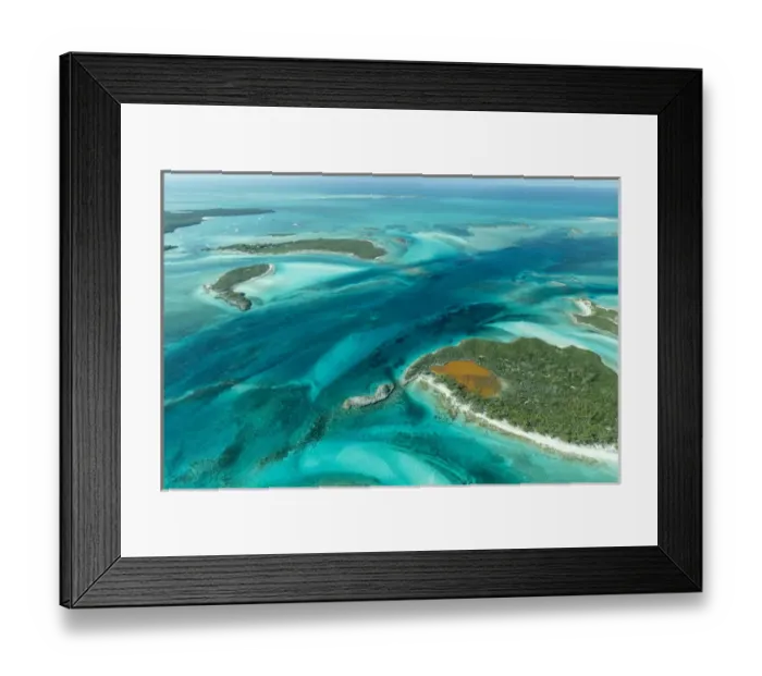 Framed Print : Aerial photo looking down at the clear tropical water and islands in the Exuma Chain Framed Print : Aerial photo looking down at the clear tropical water and islands in the Exuma Chain