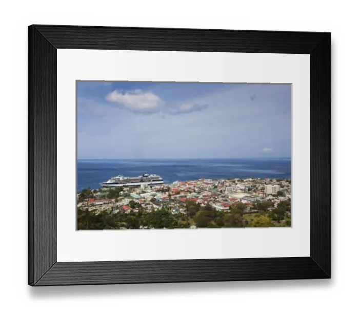 Framed Print : Dominica, Roseau, elevated town view with cruiseship Framed Print : Dominica, Roseau, elevated town view with cruiseship