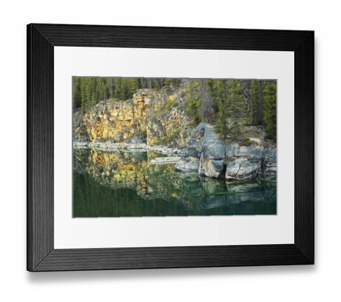 Framed Print : Canada, Alberta, Jasper National Park. Shoreline rocks reflected into Horseshoe Lake