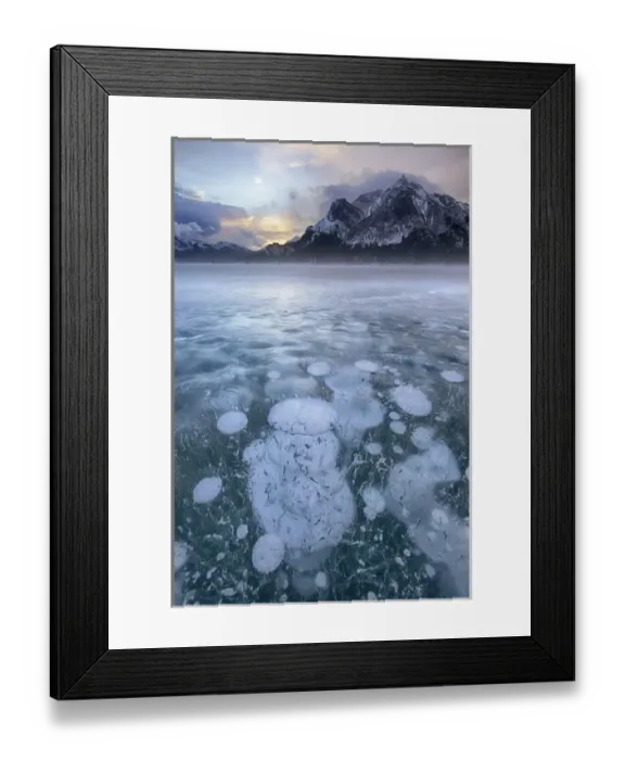 Framed Print : Canada, Alberta, Abraham Lake. Winter sunrise over lake and Mount Michener. Credit as