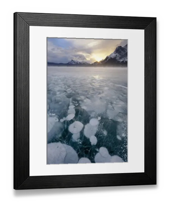 Framed Print : Canada, Alberta, Abraham Lake. Winter sunrise over lake and Mount Michener. Credit as