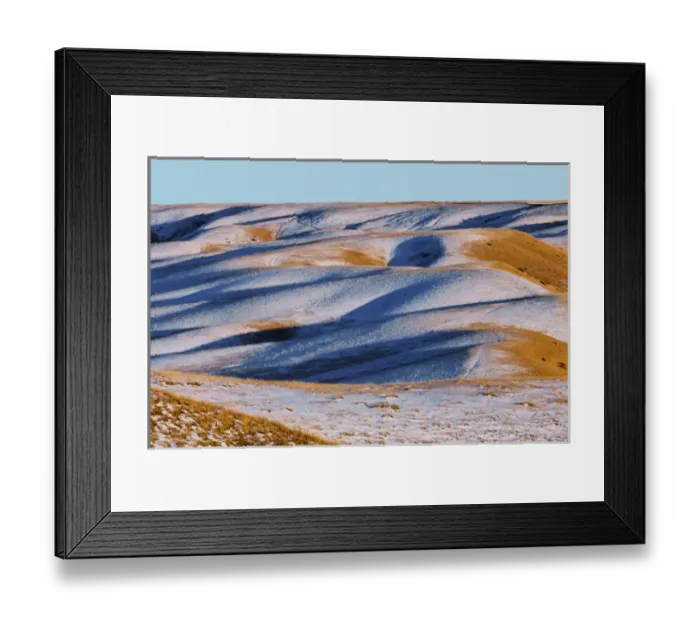 Framed Print : Canada, Alberta, Oldman Valley. Snow-covered hills at sunset