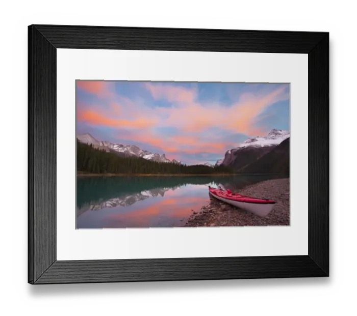 Framed Print : Canada, Alberta, Jasper National Park. A kayak on the shore of Maligne Lake, largest Framed Print : Canada, Alberta, Jasper National Park. A kayak on the shore of Maligne Lake, largest