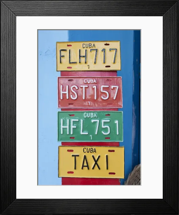 Framed Print : Cuba, Sancti Spiritus Province, Trinidad, Cuban souvenir license plates
