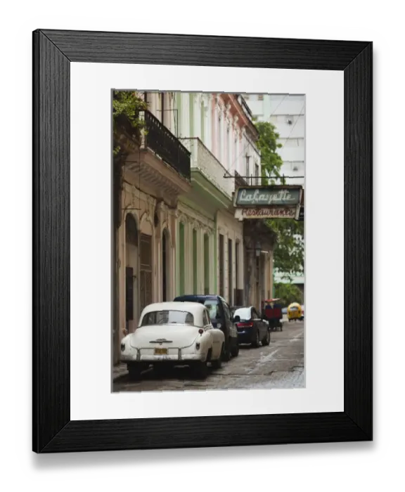 Framed Print : Cuba, Havana, Havana Vieja, morning view of Old Havana street with 1950s-era US car Framed Print : Cuba, Havana, Havana Vieja, morning view of Old Havana street with 1950s-era US car