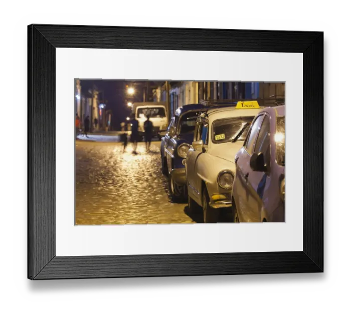 Framed Print : Cuba, Sancti Spiritus Province, Trinidad, taxis on Calle Antonio Maceo, dusk Framed Print : Cuba, Sancti Spiritus Province, Trinidad, taxis on Calle Antonio Maceo, dusk