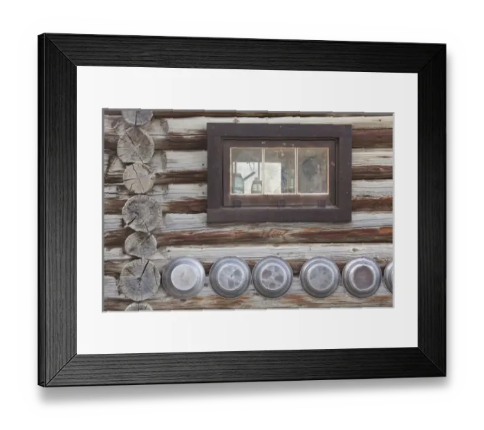 Framed Print : Canada, British Columbia, Fort Steele. Exterior view of window and gold pans on log cabin Framed Print : Canada, British Columbia, Fort Steele. Exterior view of window and gold pans on log cabin