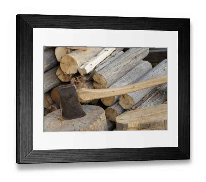 Framed Print : Canada, British Columbia, Fort Steele. Close-up of axe and woodpile