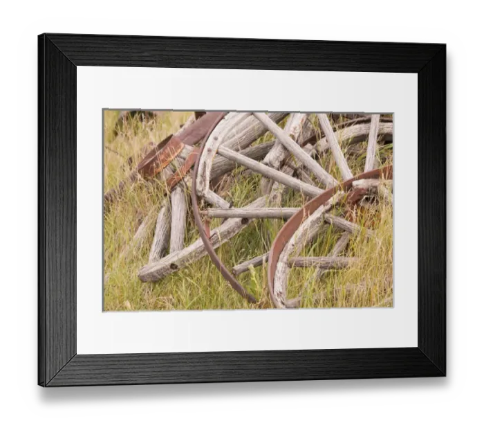 Framed Print : Canada, British Columbia, Fort Steele. Close-up of old wagon wheels in grass. Credit as Framed Print : Canada, British Columbia, Fort Steele. Close-up of old wagon wheels in grass. Credit as
