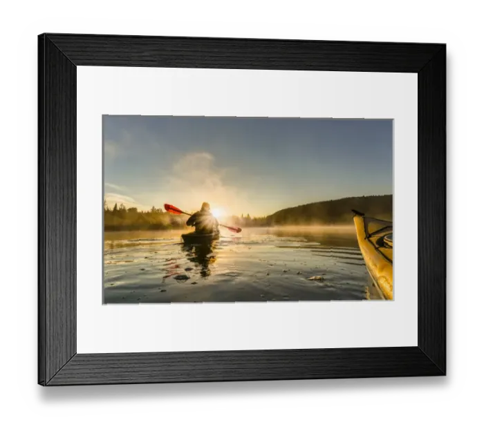 Framed Print : Canada, British Columbia. A kayaker paddles in sunlit early morning mist on a Canadian Framed Print : Canada, British Columbia. A kayaker paddles in sunlit early morning mist on a Canadian