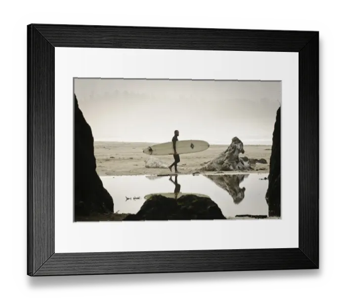 Framed Print : Vancouver Island, Pacific Rim National Park. Surfer on the beach