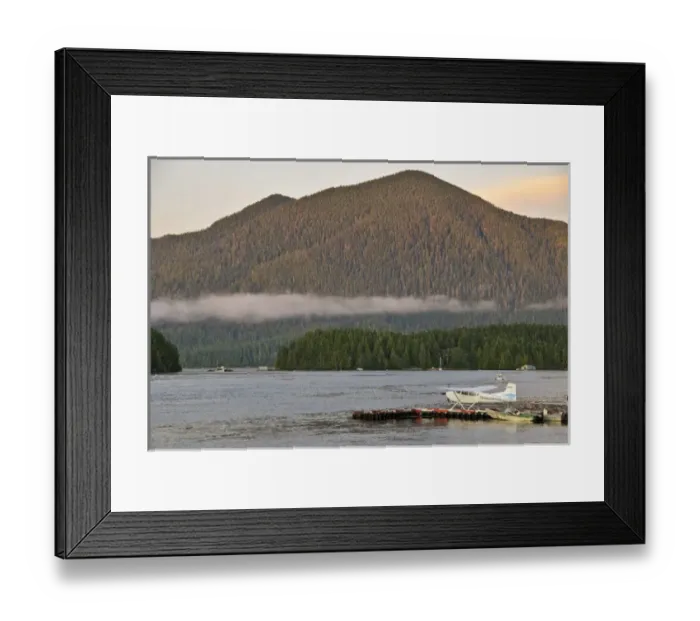 Framed Print : Vancouver Island, Tofino. Meares Island with seaplane in foreground Framed Print : Vancouver Island, Tofino. Meares Island with seaplane in foreground