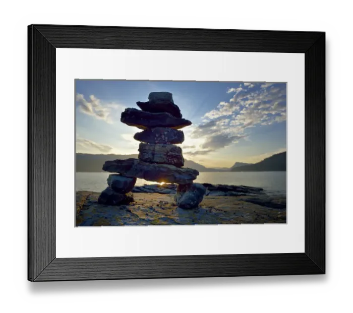 Framed Print : Canada, British Columbia, Russell Island. Rock inukshuk in front of Salt Spring Island