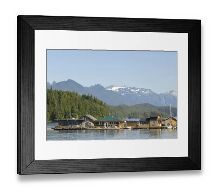 Framed Print : Vancouver Island, Tofino. Floating houses in front of mountains of Strathcona Provincial Framed Print : Vancouver Island, Tofino. Floating houses in front of mountains of Strathcona Provincial