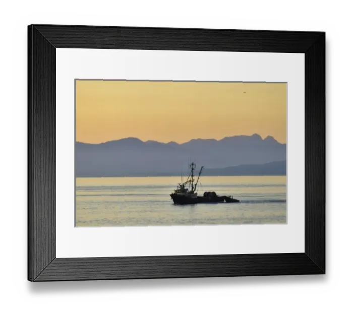 Framed Print : Fishing boat seen at sunset from Vancouver / Nanaimo Ferry Framed Print : Fishing boat seen at sunset from Vancouver / Nanaimo Ferry