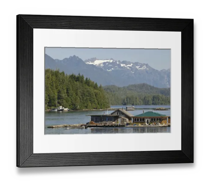 Framed Print : Vancouver Island, Tofino. Floating houses in front of mountains of Strathcona Provincial