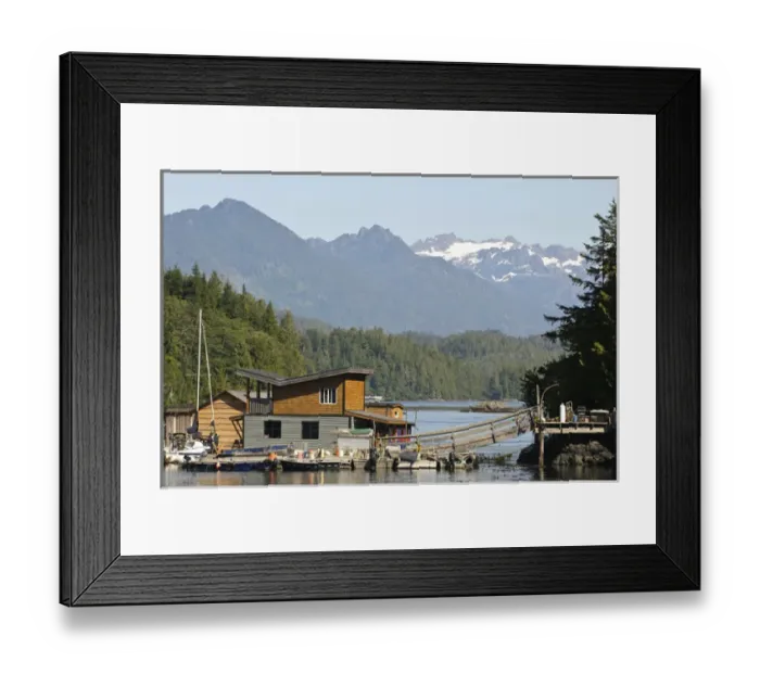Framed Print : Vancouver Island, Tofino. Floating houses in front of mountains of Strathcona Provincial Framed Print : Vancouver Island, Tofino. Floating houses in front of mountains of Strathcona Provincial
