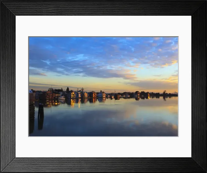 Framed Print : Canada, British Columbia, Fraser River, house boats at sunset Framed Print : Canada, British Columbia, Fraser River, house boats at sunset