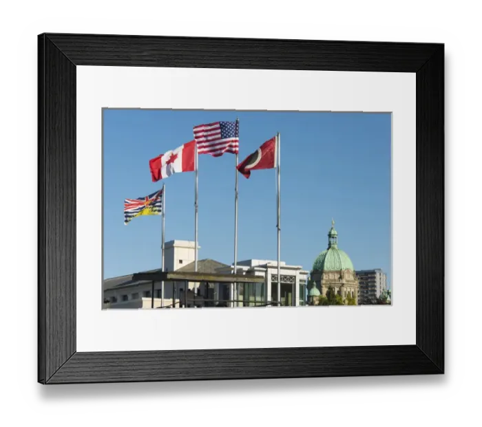 Framed Print : Canada, BC, Victoria. Inner Harbour. Flags flying ferry terminal