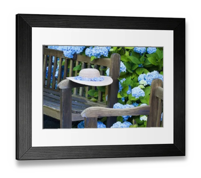 Framed Print : North America; Canada; Victoria; Gardens at Governors House Victoria, Bench with Old Hat Framed Print : North America; Canada; Victoria; Gardens at Governors House Victoria, Bench with Old Hat