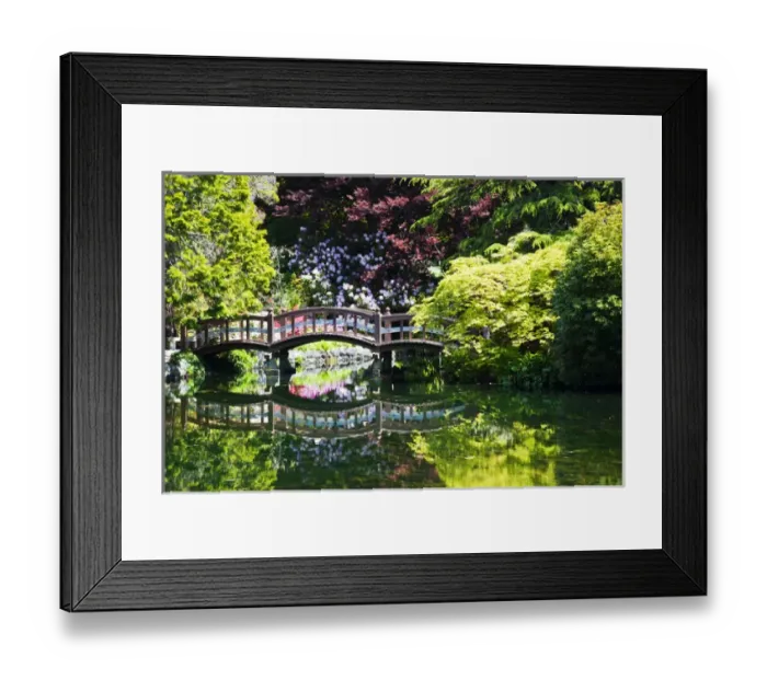 Framed Print : North America; Canada; Vancouver Island; Hately Gardens; Foot Bridge over Pond in Gardens