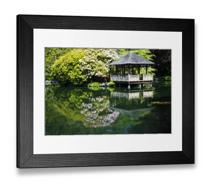 Framed Print : North America; Canada; Vancouver Island; Hately Gardens; Hut over Pond in Spring Garden