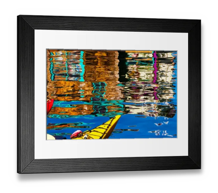 Framed Print : Floating Home Village Yellow Red Kayaks Houseboats Blue Reflection Inner Harbor Framed Print : Floating Home Village Yellow Red Kayaks Houseboats Blue Reflection Inner Harbor