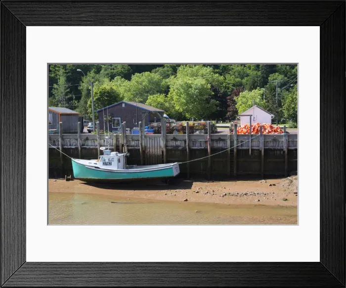 Framed Print : Canada St Martins New Brunswick small fishing village with fishing lobster boat in harbor