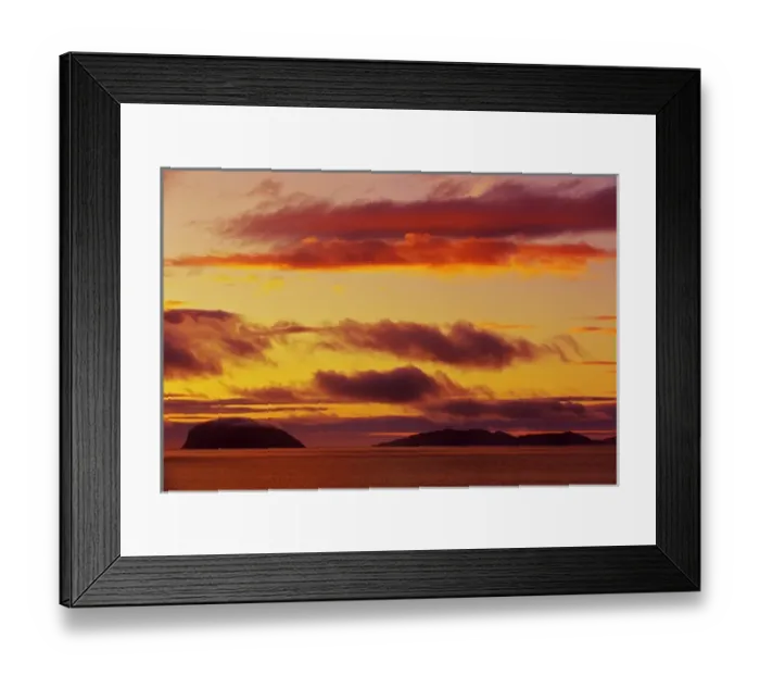 Framed Print : Canada, Newfoundland, York Harbour. Fiery sky over Gulf of St. Lawrence at sunset