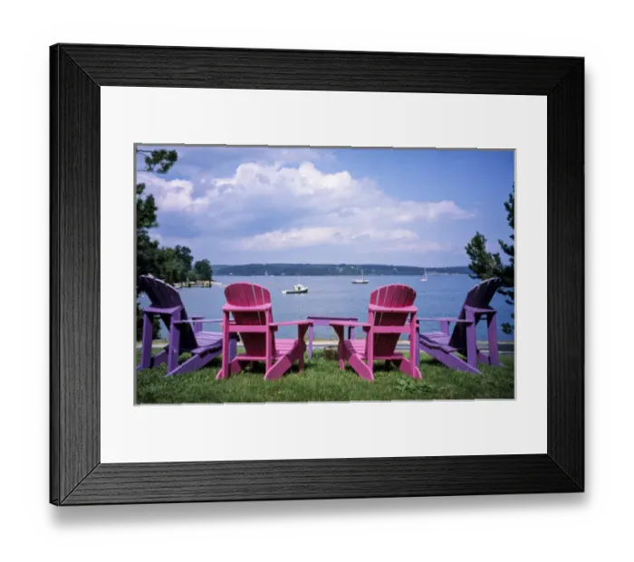 Framed Print : Canada, Nova Scotia, Mahone Bay; Colorful Adirondack chairs overlook the calm bay Framed Print : Canada, Nova Scotia, Mahone Bay; Colorful Adirondack chairs overlook the calm bay