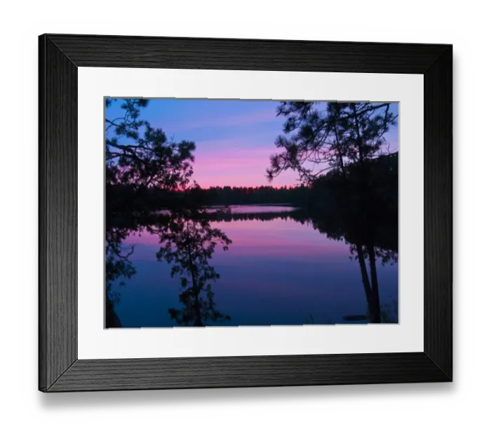 Framed Print : North America, Canada, Ontario, Quetico Park, Lake Agnes wilderness sunset through trees