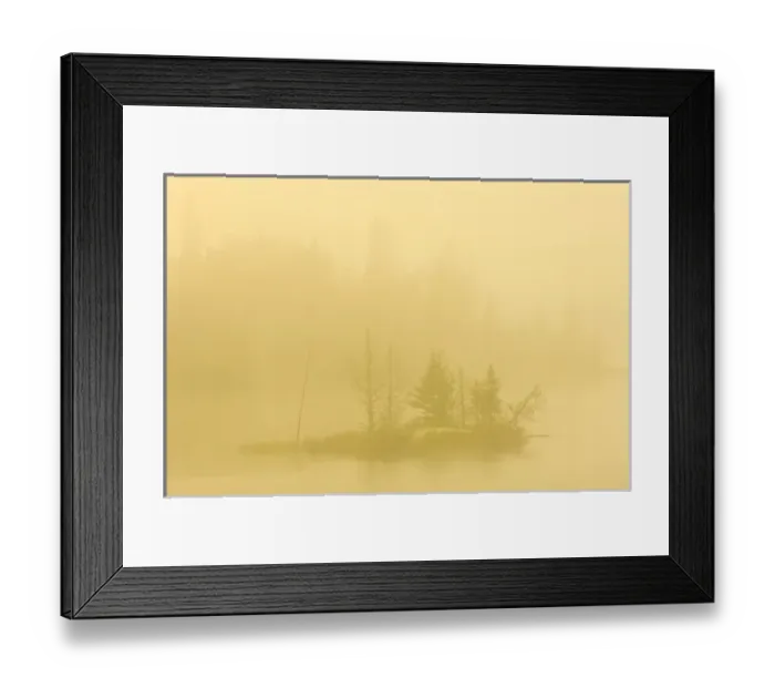 Framed Print : Canada, Ontario. Heavy morning fog on lake with small island