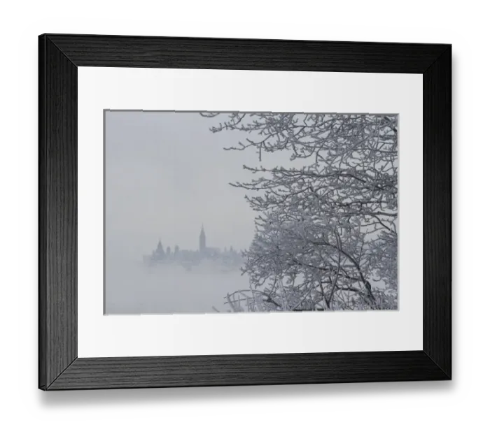 Framed Print : Canada, Ottawa, Ottawa River. Parliament buildings seen through fog