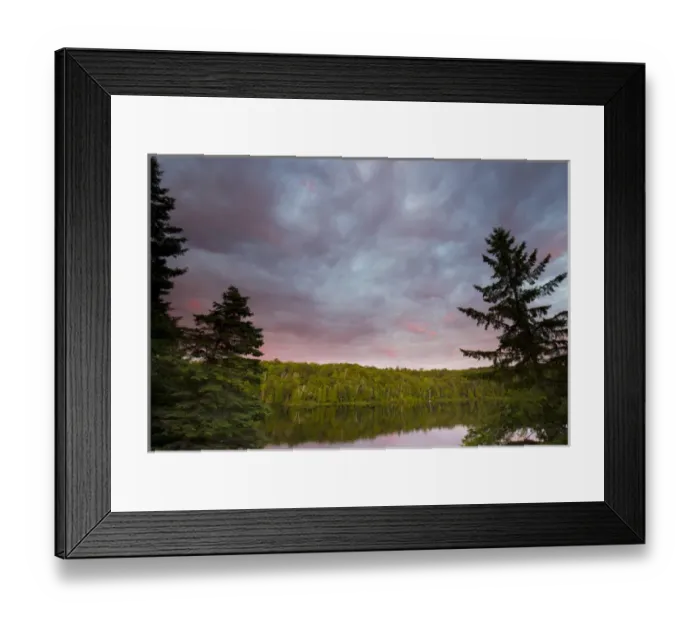Framed Print : Canada, Quebec, Lake Long Pond. Sunset on lake and forest