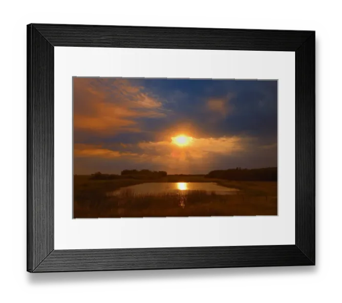 Framed Print : Canada, Saskatchewan, Dubuc. Sunset over pond