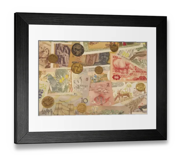 Framed Print : Montage of coins and paper money from various countries Framed Print : Montage of coins and paper money from various countries
