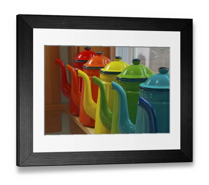 Framed Print : Enamelware coffee pots in orderly row on window sill
