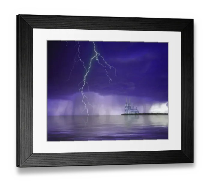 Framed Print : Composite of fantasy cathedral, lightning and water
