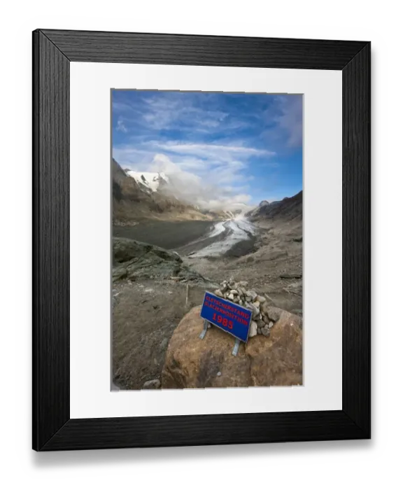 Framed Print : Retreat of Glacier Pasterze of Mount Grossglockner with a sign showing the glacier position 1985 Framed Print : Retreat of Glacier Pasterze of Mount Grossglockner with a sign showing the glacier position 1985